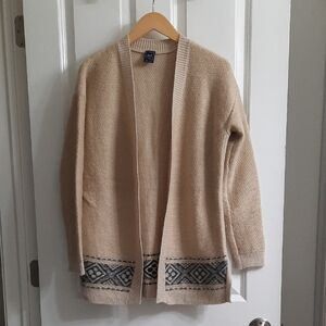 Gap Open Front Geometric Aztec Boho Tan Cardigan Sweater with Patterned Hem